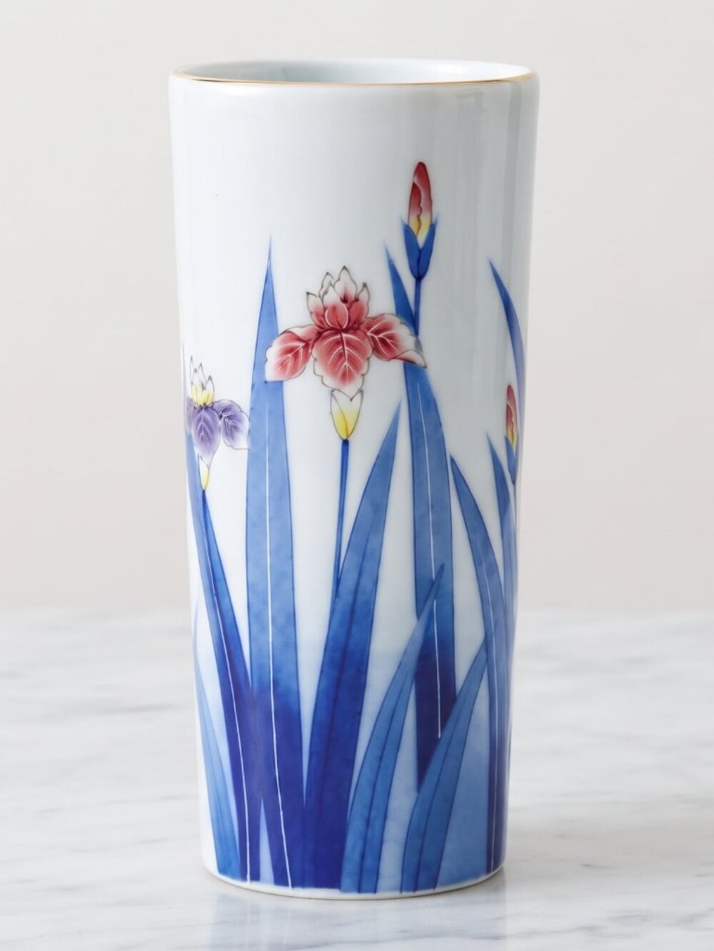 Vintage Japanese Porcelain Iris Floral Vase Blue White Gold Rim 8.5"